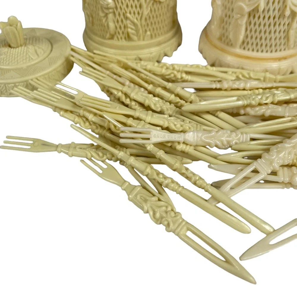 Vintage Vegan Ivory Ornate Hors D'oeuvres 3-Prong Picks Floral Holders Serves 48